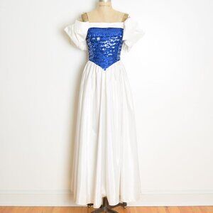 vintage 80s prom dress white blue sequin off shoulder puff long party gown XXS
